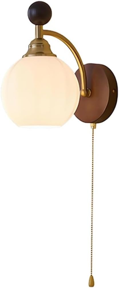 SXECAEPS Pull Switch Wall Sconce E27 Hardwired Solid Wood Mount Lamp Bathroom Vanity Light Fixture Glass Lighting for Living Room Bedroom Mirror Hallway Stairway(A)