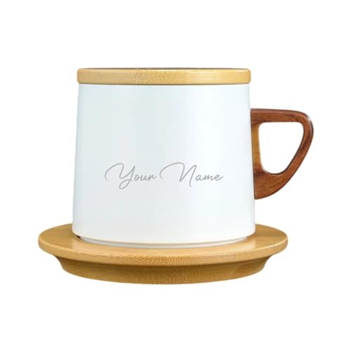 Image of Giftana Personalized Coffee Mug with Lid, Customized Tea Mug with Handle & Wooden Saucer, 250ml Coffee Cup for Home & Office, Rakhi Gift for Sister, Personalized Gift for Sister, Birthday Gift (White)