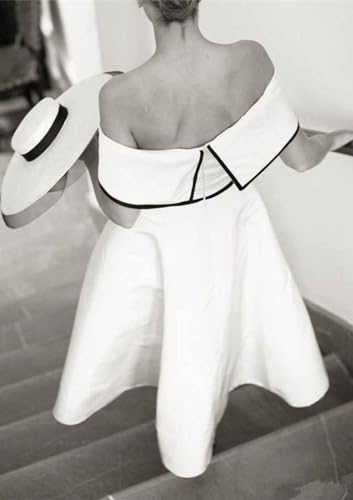 Women's Off Shoulder Vintage Wedding Dress Satin Elegant A-line Tea Length Bridal Midi Retro Gowns with Trim3