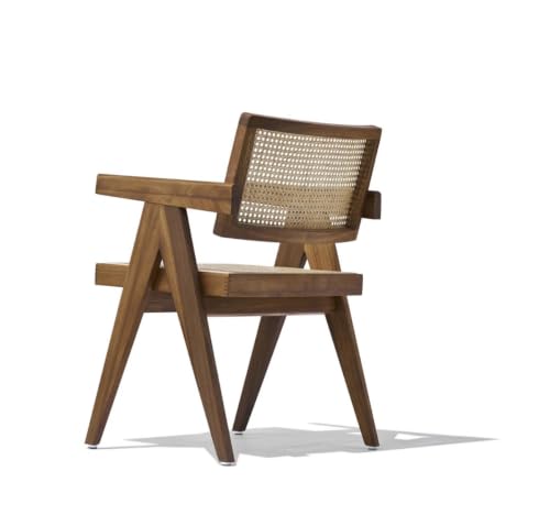 Image of Solid Wood Arm Chair with Cushion and Cane Back Support Chair Living Room Bedroom Home Wooden Armchair Furniture Garden Balcony Outdoor & Indoor (Walnut Chair with Cane)