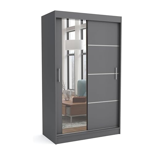 Brent - Kleiderschrank mit Spiegel 100cm Breit Windsor Tomy I Schlafzimmerschrank mit 2 Kleiderstänger und Einlegeböden für Kleidung I Kleiderschrank Grau Brent - Kleiderschrank mit Spiegel 100cm Breit Windsor Tomy I Schlafzimmerschrank mit 2 Kleiderstänger und Einlegeböden für Kleidung I Kleiderschrank Grau