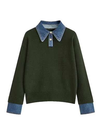 Image of Womens Denim Lapel Sweater Oversized Long Sleeve Button Down Polo Knit Pullover Sweaters 2025 Fall Outfits