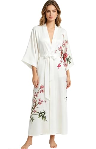 Image of Women's Classic 100% Silk Kimono Robe, Bathrobe-Printed Pattern