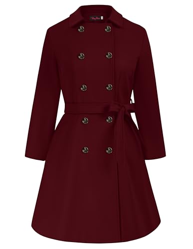 Hanna Nikole Gehrock Damen Große Größen Zweireihiger Wollmantel mit Taschen Gürtel Langarm Mittellanger Trenchcoat Wein 50