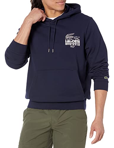 Lacoste Men's Crocodile Branding Hooded Cotton Fleece Hoodie, Navy