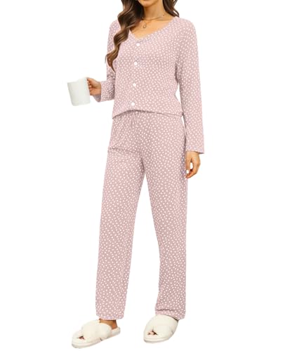 La mejor selección de Pijamas de Dama los 5 mejores. 50 VIOPY 2 Piezas Conjunto Pijama Manga Larga de Botones Mujeres Durmiendo, Descansando, Causal (Rosa, G)