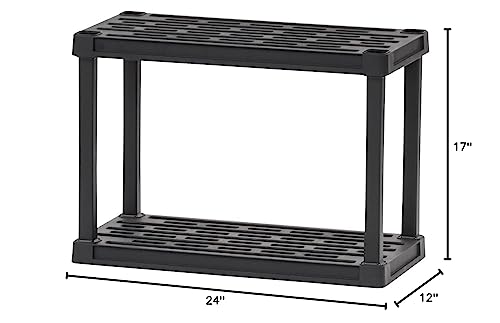 Image of IRIS USA 2-Shelf Light Duty Plastic Storage Shelves, 100lb Capacity, 17 inch H x 24 inch W x 12 inch D, Medium Modular Shelving Unit Storage Organizer for Bathroom, Laundry, Garage & Home, Storage Rack - Black