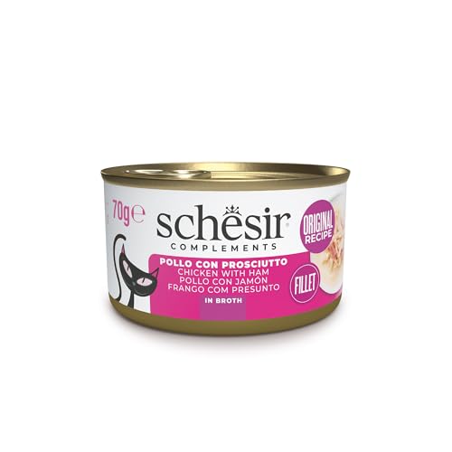 Schesir, Filetes de Pollo con jamón en Caldo, Comida húmeda complementaria para Gatos, Receta Original, 100% Natural, 12 latas de 70 g