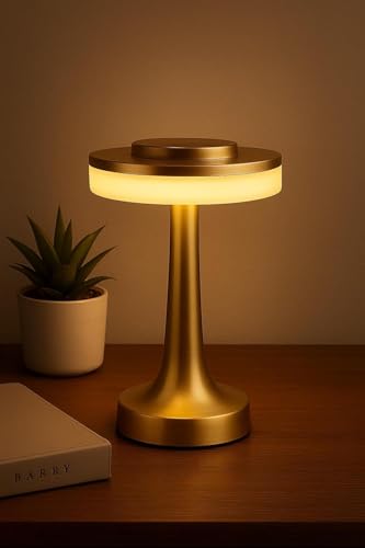 Image of Modern LED Table Lamp, Dimmable Touch Control Bedside Lamp with Warm Light, Rechargeable Wireless Desk Lamp, Minimalist Metal Night Lamp for Bedroom, Living Room, Office Decor, Gold Finish