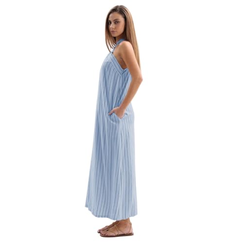 Image of Amazhiyu Women's Linen Striped Halter Sleeveless Maxi Dresses Summer with Pockets