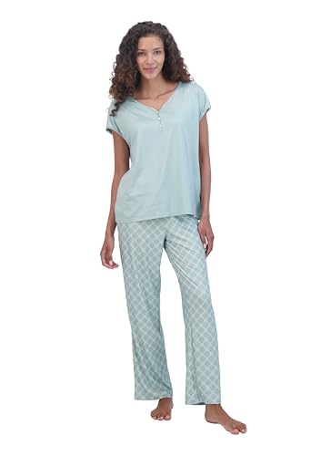 Lucky Brand Conjunto de pijama para mujer, camiseta de dormir Henley de 2 piezas y pantalones de descanso, conjunto de ropa de dormir para mujer (S-XL), Éter/diamante de línea, XL
