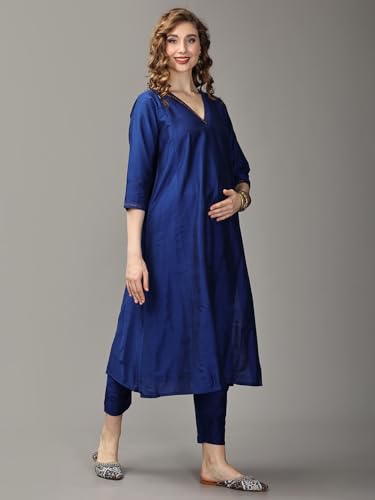 Image of The Mom Store Maternity Nursing and Feeding Kurta Set | Nursing Zippers | Pre and Post Pregnancy | Raw Silk | Kurta Pant Set | Solid |