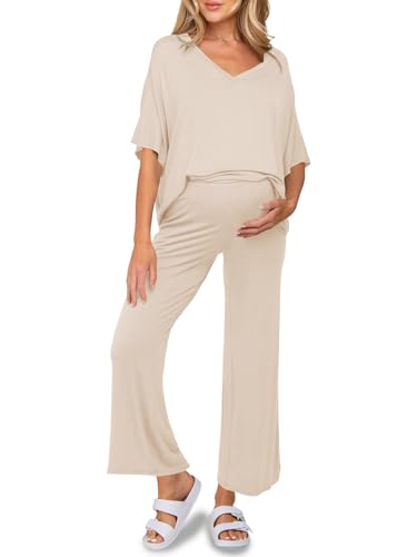 Tankaneo Womens Maternity Pajamas 2 Piece Lounge Set Soft Short Sleeve V Neck T-shirt Cropped Pants Pregnancy Loungewear