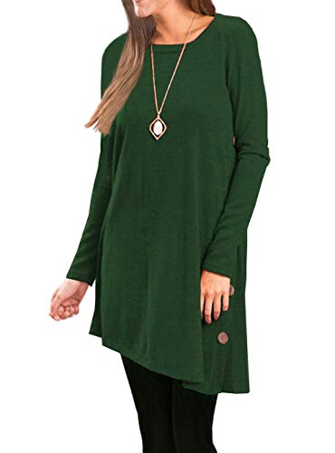 KORSIS Women's Long Sleeve Round Neck Button Side T Shirts Tunic Dress Deep Green L