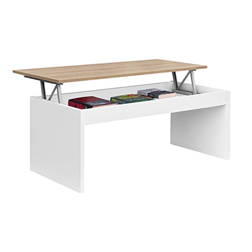 Mesa de Centro Elevable, Modelo Zenit-, Acabado en Blanco Artik y Roble Canadian, Medidas: 102 cm (Ancho) x 43/54 cm de (Alto) x 50 cm (Fondo)