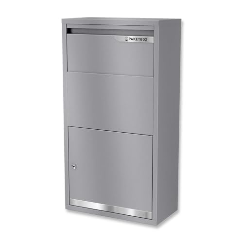 Metzler Caja para paquetes con sistema de solapa y cerradura de cilindro en aluminio gris para grandes paquetes y cartas, resistente a la intemperie, antirrobo, montaje libre, robusta estructura de