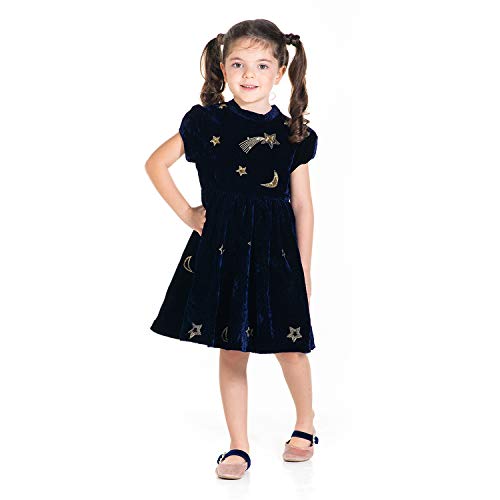 Image of The Orignal Cherry Crumble California Girls Cherry Crumble Girl's Velvet Kids Round Neck A-Line Knee Length Bling Party Dress (Ctwsg-DRS-2 Navy Blue Gold 18-24 Months)