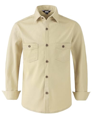 JOGAL Boys Stretch Denim Shirt Long Sleeve Button Down Shirts Casual Shirts with Two Pockets for Kids 6-14 Years