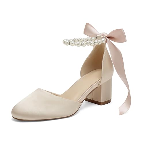 High Block Heel Wedding Closed Toe Sandals for Bride Pearl Bow Ankle Strap Women Chunky Heels Sandal Round Toe Satin Bridal Shoes