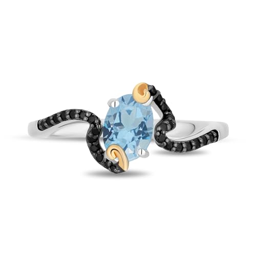 Jewelili Enchanted Disney Fine Jewelry Black Rhodium and 10K Yellow Gold over Sterling Silver with 1/5 CTTW Diamonds and Swiss Blue Topaz Jasmine Ring Size 72