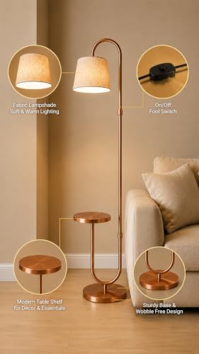 Image of Deco Crush Floor Lamp with Side Table and Beige Linen Fabric Lampshade, 60 Inch Tall Modern Metal Standing Reading Lamp for Living Room, Bedroom, Office, Study Room & Home Decor (Rose Gold)