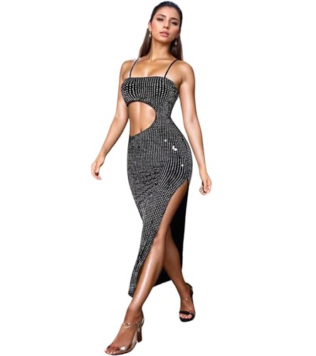 Image of Jigfar Women Sexy Elegant Rhinestone Mesh See Through Party Club Night Split Bodycon Formal Maxi Dress