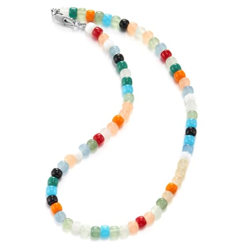 COOLSTEELANDBEYOND Colorful Beaded Necklace for Women Vibrant Multi-Color Frosted Glass Beads Retro Statement Jewelry