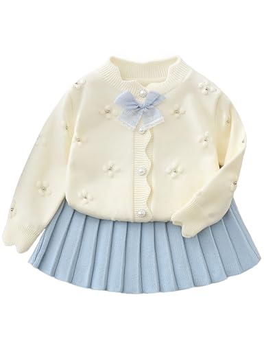 2-7T Baby Girls Little Kids Knitted Sweater 2 Piece Set Button-Down Cardigan & Pleated Skirt Sets Autumn Winter Outfits