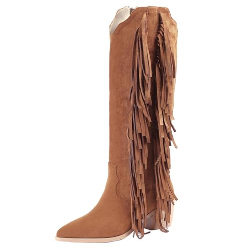 Image of KiutSymo Cowgirl Fringe Boots For Women White Tassels Cowboy Boots Knee High Pointed Toe Western Boots