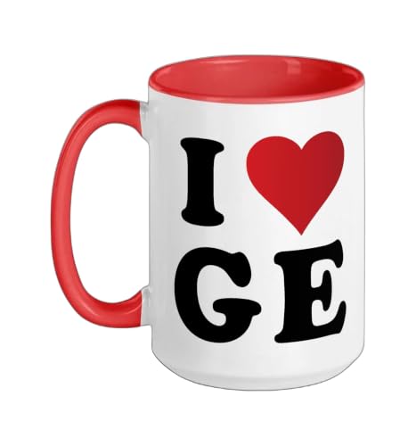 I Heart GE Initials I Love G.E. First And Last Name G E Ceramic Mug, Red/White, 15oz