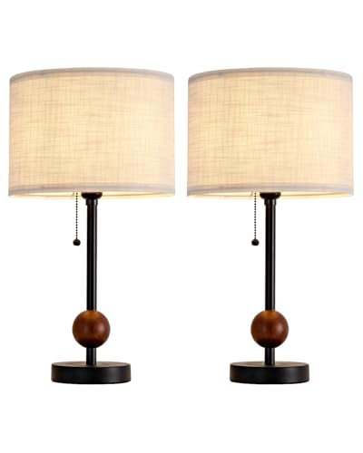 Modern Table Lamp for Bedroom, Rustic Farmhouse Bedside Lamps for Night Stands Set of 2, Desk Light with Retro Pull Chain, Round Flaxen Fabric Shade, Wood Ball, Metal Base (Black)