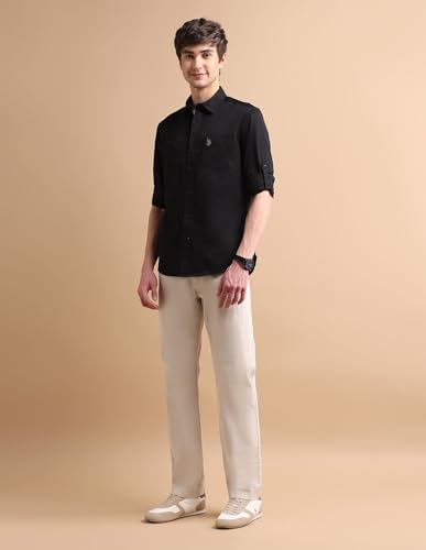 Image of U.S. POLO ASSN. Denim CO. Solid Regular Fit Shirt for Men - 100% Cotton, Breathable & Comfortable, Full Sleeves Casual Shirt for Men - 50, Black