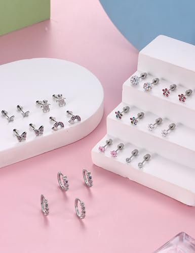 FIASASO Hypoallergenic Surgical Stainless Steel Earrings for Girls Kids Women - 12 Pair Screw Back Earrings for Sensitive Ears Cute Flower Butterfly Toddler Stud Hoop Earrings Screwback Girl Earrings3