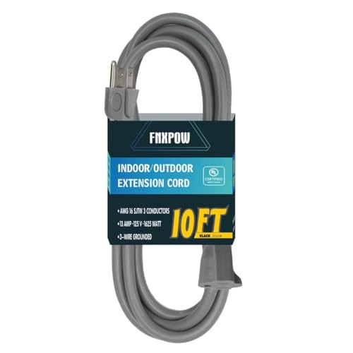 FNXPOW Indoor Outdoor Extension Cord 10 FT Waterproof 16/3 Gauge Heavy Duty Gray Extension Cords 13A 1625W SJTW Extension Cord with 3 Prong Grounded Plug Great for Tools Lights UL Listed.