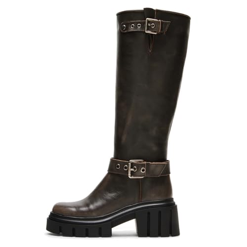 Seborluys Women's Knee High Riding Boots Side Zipper Platform Chunky Block Heel Motorcycle Boots Fashion Buckles Biker Tall Boot2
