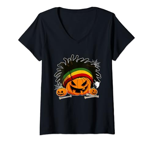 Damen Horror Carved Pumpkin Halloween Jamaican Matching Parties T-Shirt mit V-Ausschnitt