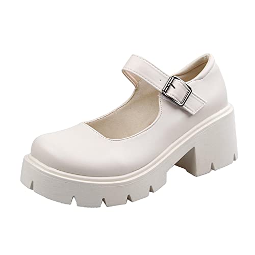 NUSGEAR 2023 Plataforma Gruesa de Mujer Zapatos Mary Jane Correa de Hebilla Retro Pisos de Punta Redonda Zapatos de Boca Baja Japonesa Dulce Princesa Lolita Dulce