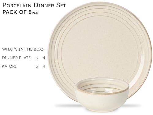 Image of Bodhi House Handcrafted Chip Resistance Porcelain Dinner Set, 8 Pieces Serving for 4, Microwave and Dishwasher Safe, Bone-ash Free, Crockery Set for Dining and Gifting, Spanish White