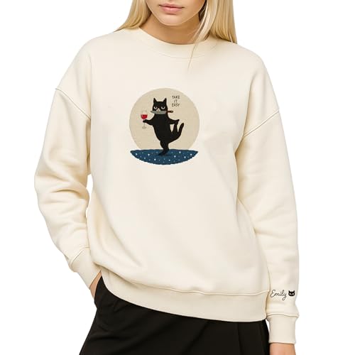 VIOLAVA Custom Name Black Cat Sweatshirt – Embroidered Starry Night Design Crewneck, Personalized Gift for Cat Lovers (CAT 1)