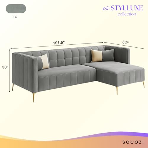 Image of SOCOZI Stylluxe 6 Seater Velvet Fabric RHS L Shape Sofa Set for Living Room |Fabric L Shape Sofa Set for Home & Office (Light Grey)