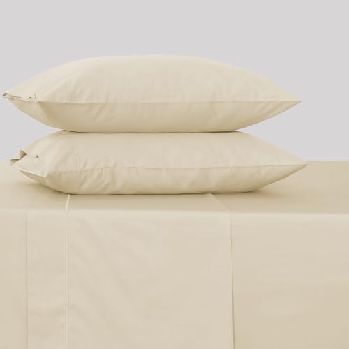 Image of Feather & Stitch 500 TC Split King Size Sheet Set, 5 Piece Bed Sheets Set-2 Twin Fitted Sheet, 1 King Flat Sheet & 2 King Pillowcases, 18 inch Deep Pockets Sateen Weave Solid Bedsheet - (Solid Beige)