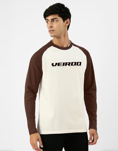 Image of Veirdo Pure Cotton Regular Fit Round Neck Front Chest Typographic Logo Printed Raglan Full Sleeve T-Shirt for Men (Colors: Green, Brown & Maroon)