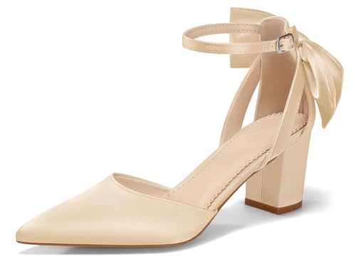 Coutgo Womens Chunky Heels Low Heel Ankle Strap D'Orsay Pumps Closed Pointed Toe Wedding Bridal Shoes, Champagne, Size 8