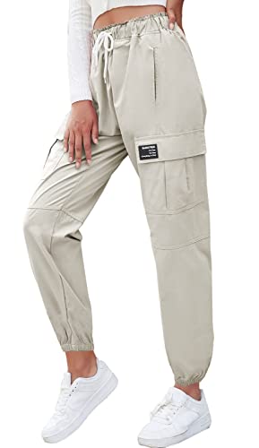 Cromoncent Girls Cargo Pants Elastic Waist Lightweight Outdoor Jogger Pants Beige 9-10 Years #TOP4
