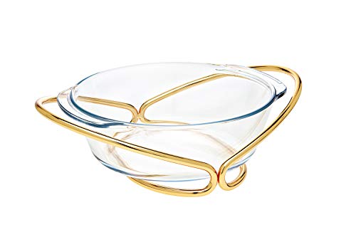 Oven to Table Glass Round Baker Warmer Serving Piece with Woven Gold Base - 2 QT