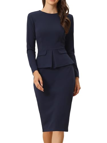 Image of Allegra K Women's Bodycon Dresses Round Neck Long Sleeve Casual Work Outfits Peplum Sheath Dress