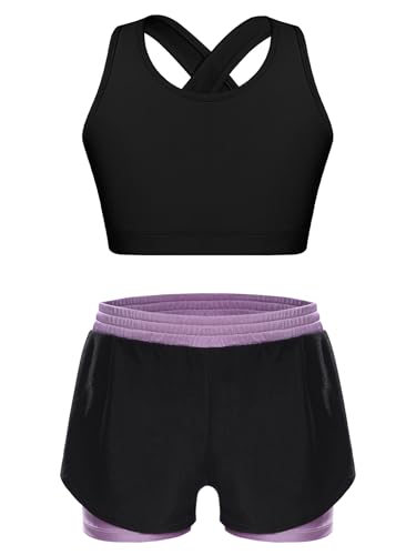 Kids Girls 2-piece Sports Set Cross Back Sleeveless Crop Tank Top With Double Layer Shorts For Athletic Light Purple 14 Years