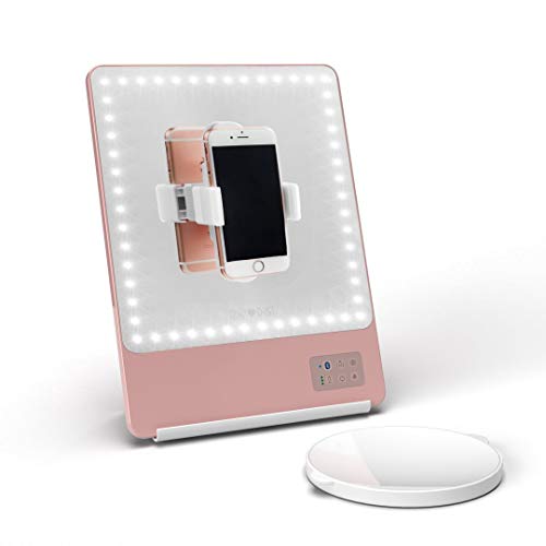 GLAMCOR Riki Skinny Smart Vanity Mirror with HD LEDs, Magnifying Mirror Attachment, Phone Holder and Bluetooth Control (Rose Gold, 10X Magnification)