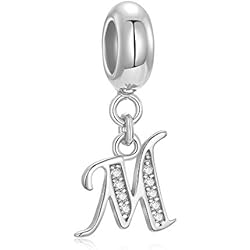Abalorio de plata de ley 925 auténtica con letra inicial A-Z, dije de cristal del alfabeto, compatible con pulseras europeas (letra M)