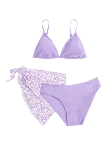 Image of SHENHE Girl's 3 Piece Swimsuits Cute Spaghetti Strap Triangle Bikini with Ditsy Floral Cover Up Teen Bathing Suits